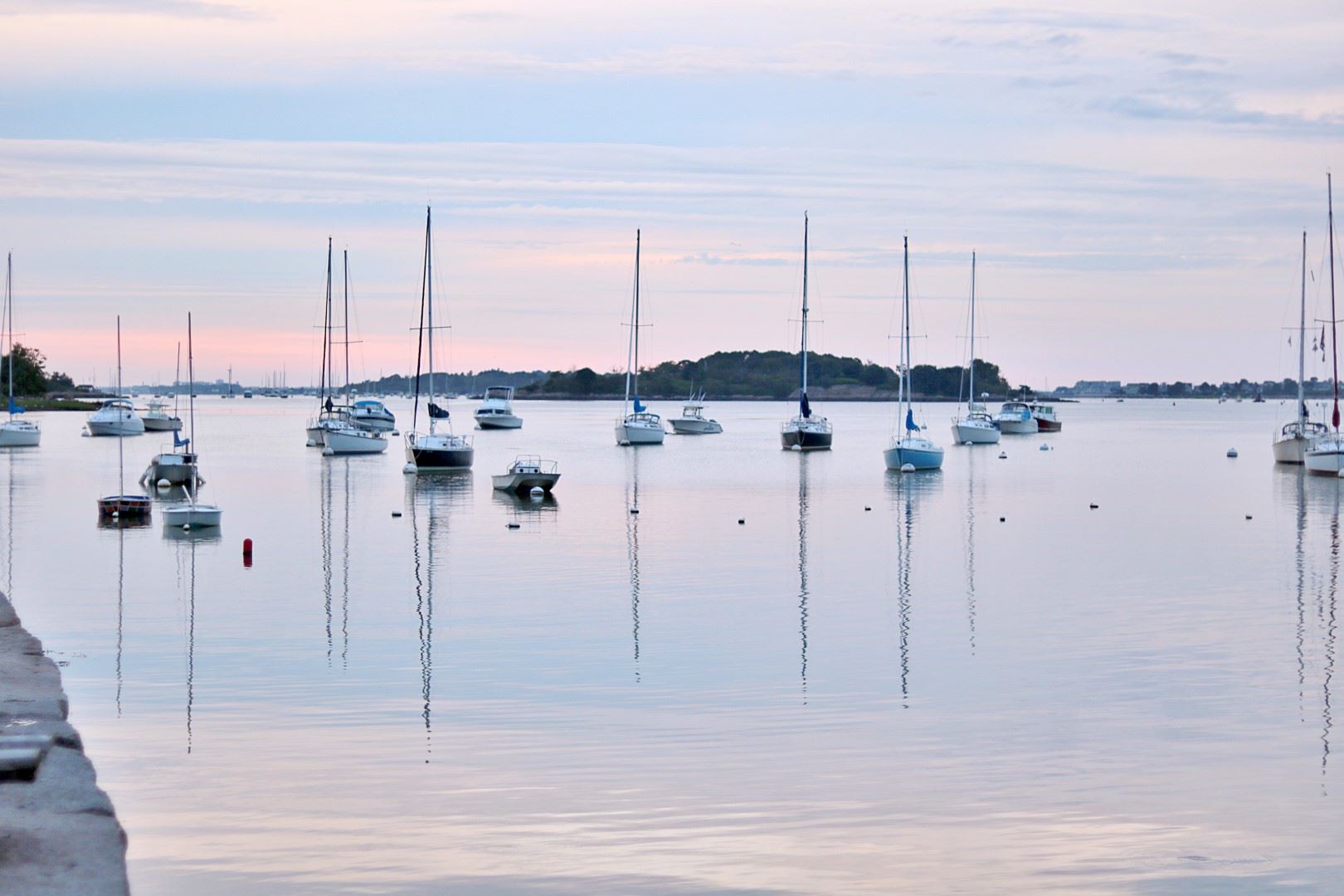 Sailboats on moorings in harbor